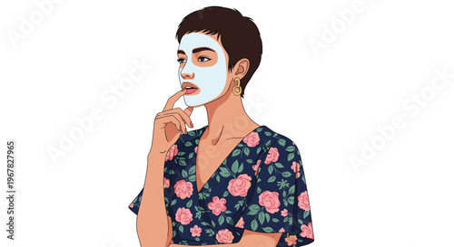 Fashionable woman with short hair wearing a white clay face mask and a floral print dress looking thoughtful during her routine.