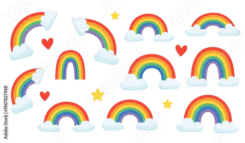 Colorful cartoon rainbow stripes icons with clouds hearts and stars for kids collage and creative art design