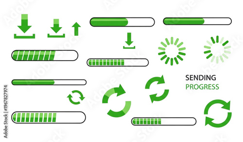 Dynamic green progress loader icon collection with download upload sending buffer indicators for UI and system design