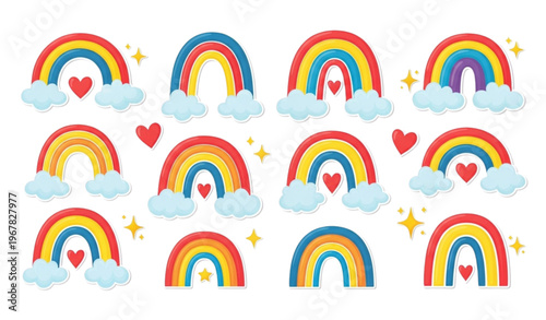 Playful cartoon rainbow stripes collection with clouds hearts and stars for kids art and paper collage designs