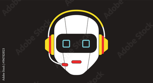 Robot head wearing a headset and microphone on a black background representing an automated customer service chatbot assistant.