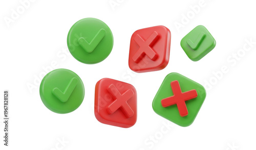 3D positive and negative buttons collection with green check marks and red cross icons for web and mobile UI design