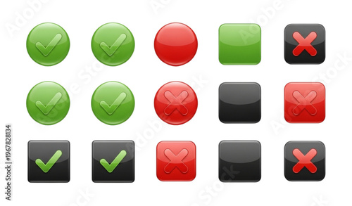 Glossy 3D checkmark and cross button set with green tick and red X icons for UI and app interface design