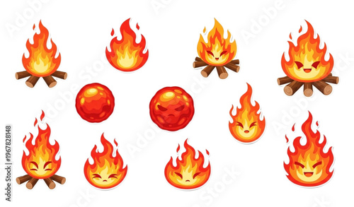 Colorful cartoon flame collection with fireballs campfires and burning icons for game assets and creative design