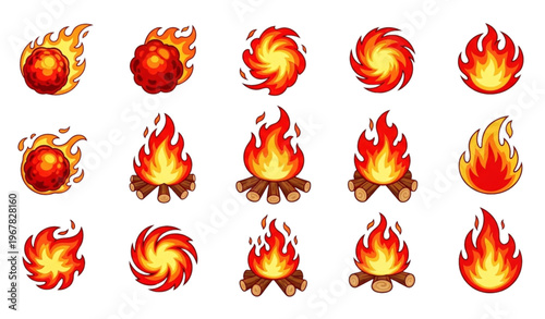 Cartoon fire elements set with flames fireballs bonfire and campfire icons for game design and energy effects