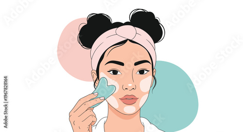 Young woman wearing a pink headband and a white robe using a heart-shaped gua sha tool on her cheek for a skincare routine.
