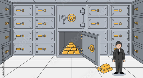 Businessman in a formal suit stands next to an open high-security bank vault containing stacks of shiny gold bullion bars.