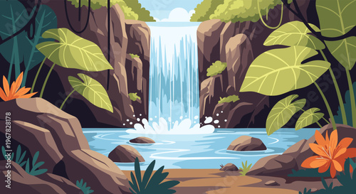 Beautiful jungle landscape with a large waterfall cascading into a clear river surrounded by exotic green plants and dark rocks.