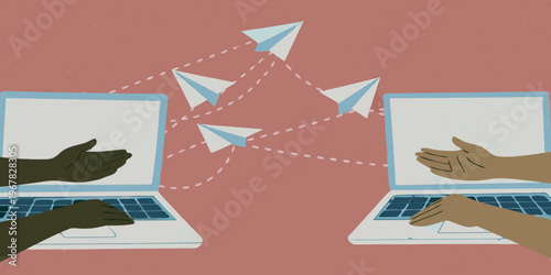 Hands reaching towards laptops with paper airplanes flying between screens