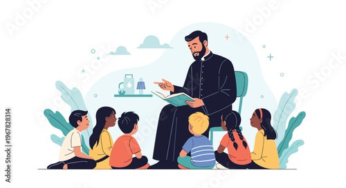 Kind male teacher or priest sitting in a chair and reading an engaging storybook to a group of diverse young children sitting on the floor.
