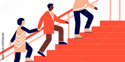 People assisting each other while climbing a vibrant red staircase