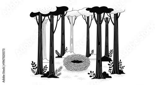 Detailed black and white ink drawing of an empty bird nest situated on the ground in the middle of a dense forest with tall trees.