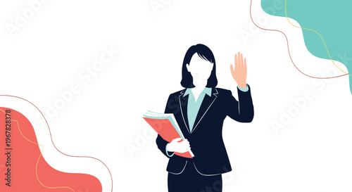 Professional woman in a dark business suit holding a folder and raising her hand as if taking an oath or making a stop gesture.