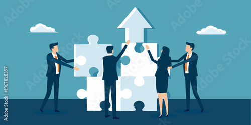 Business team collaborating to fit puzzle pieces towards a shared upward goal