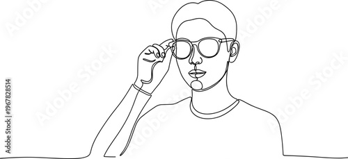 Man Adjusting Glasses with Hand.