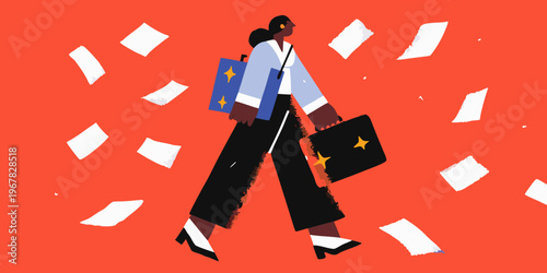 A woman walking confidently with papers falling around her illustration