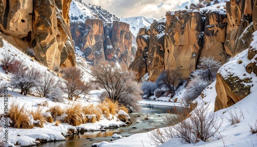 A serene snowy canyon with a river flowing through
