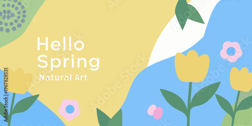A colorful illustrated greeting card announcing the arrival of spring