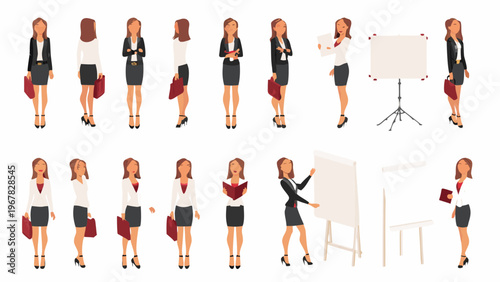 Diverse group of businesswomen in various poses with presentation boards