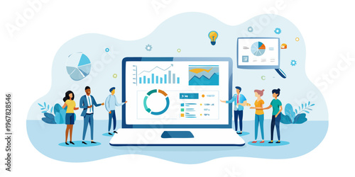 Team collaboration analyzing data and charts on a large computer screen