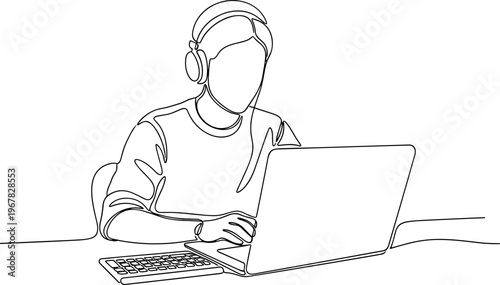 Person wearing headphones using laptop.