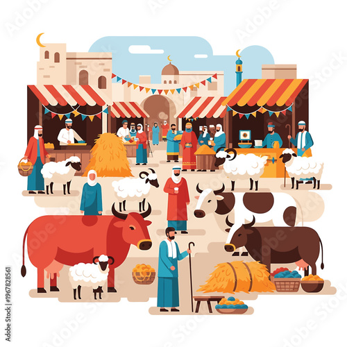 People interacting with cows and sheep.