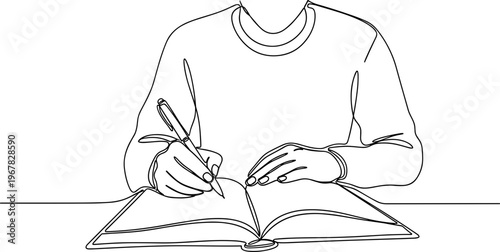 Person writing in open book.