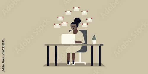 Woman working on laptop surrounded by floating email notifications