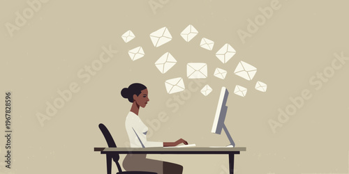 Woman working at a computer with floating email icons above