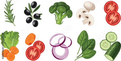 Fresh vegetable slices flat vector set. Cut and whole vegetables including tomato cucumber onion carrot mushroom and broccoli. Healthy food illustrations for cooking, salad and organic design.