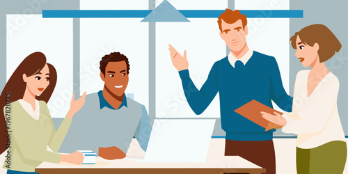 Four colleagues collaborating in a modern office meeting setting