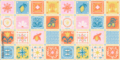 Seamless pattern with freehand ink doodle abstract tiles in mediterranean style. Trendy Italian summer mosaic background. Hand drawn vector illustration. Boho, Sicilian lemons, coastal wallpaper.