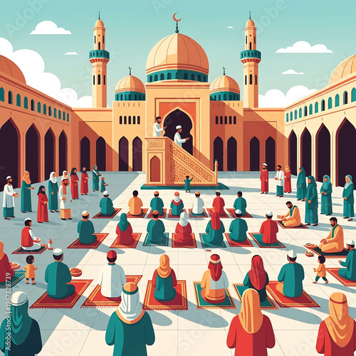 People praying in a mosque courtyard.