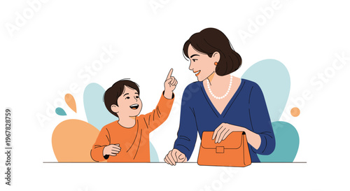 Heartwarming illustration of a mother and her young son having a conversation where the child is excitedly pointing upwards towards something.