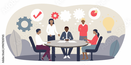 Diverse team collaborating around a table with idea generating icons