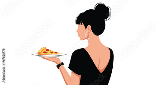 Stylish profile illustration of a woman with a high bun and hoop earrings holding a plate with a single slice of pepperoni pizza.