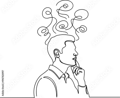 Man thinking with swirling thoughts.