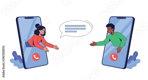 Concept illustration showing a man and a woman reaching out from their smartphone screens to shake hands in a digital partnership.