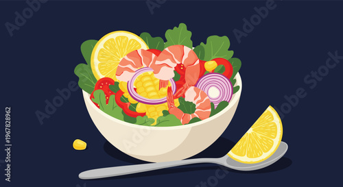 Healthy and vibrant shrimp salad bowl filled with fresh greens, tomatoes, red onion, corn, and lemon wedges on a dark background.