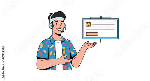Friendly customer support agent wearing a headset and a colorful shirt presenting a digital information board with text.