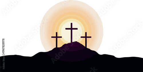 Three Crosses on Calvary Hill with Golden Sun Glow