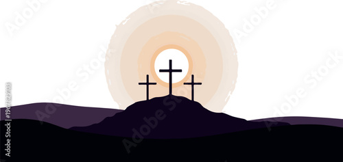 Three Christian Crosses on Calvary Hill Silhouette Against a Stylized Sunset