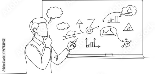 Businessman presenting on whiteboard with graphs.