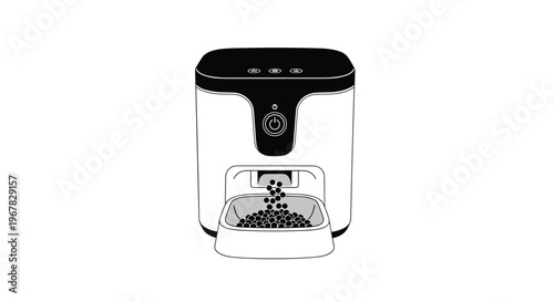 Minimalist black and white line drawing of a modern automatic pet food dispenser releasing kibble into a feeding bowl.