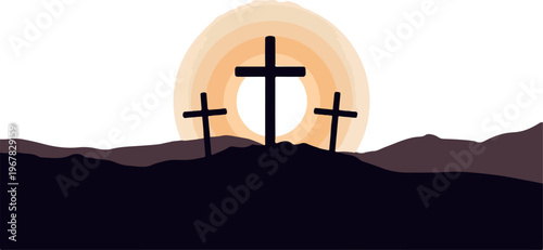 Three Crosses on Calvary Hill Silhouette with Sunrise