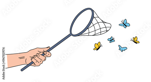 Close up illustration of a human hand holding a butterfly net while several blue and yellow butterflies flutter nearby.