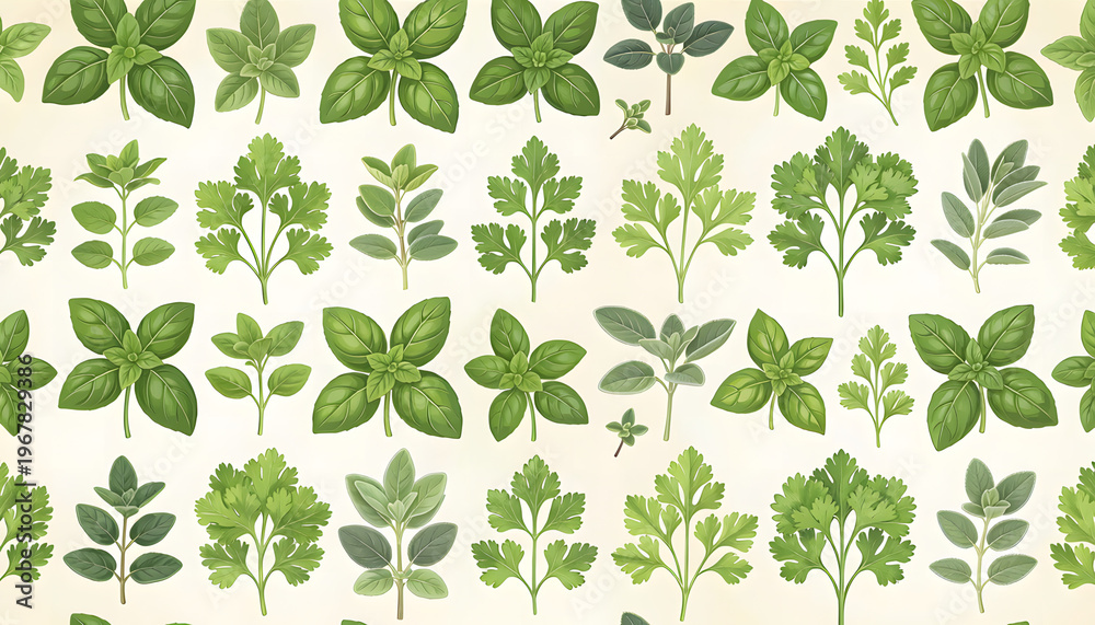Fototapeta premium Seamless pattern of fresh green herbs and leafy plants, perfect for culinary and decorative applications