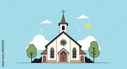 Clean and minimalist vector illustration of a modern white church with a tall steeple and brown doors set against a clear blue sky.