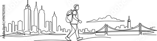 Person walking with backpack on city.