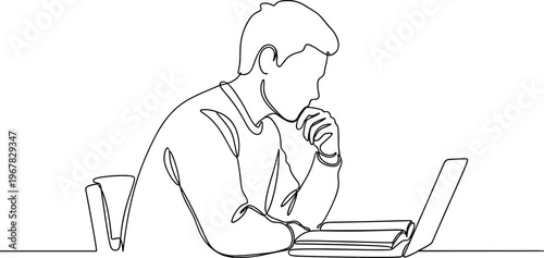 Man sitting with laptop computer thinking.